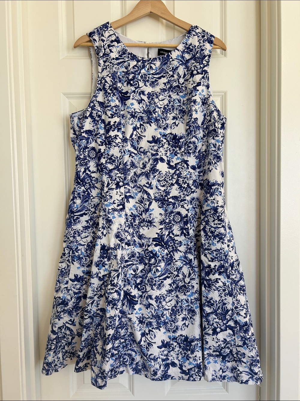 Liz Claiborne Blue White Floral Cotton Blend Sleeveless Fit Flare Midi Dress 18